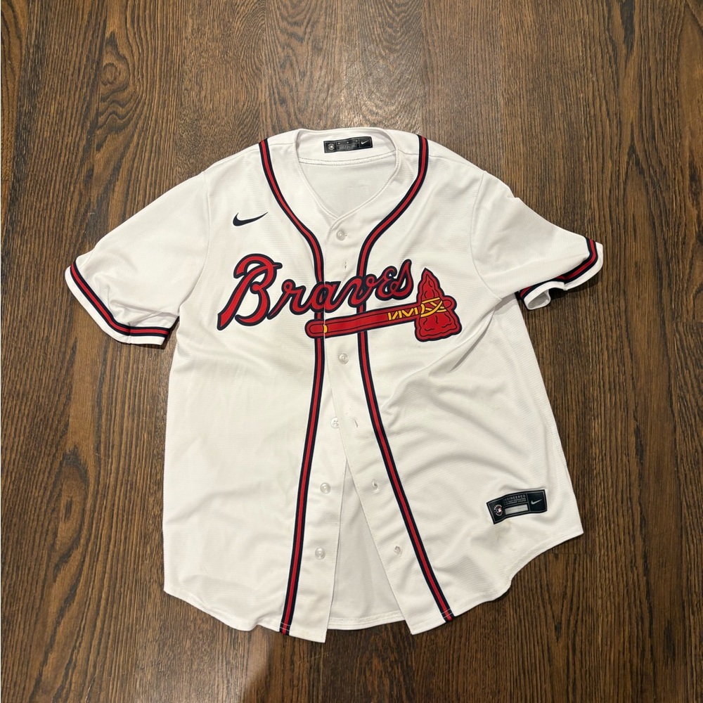 Nike White Braves Dansby Swanson Jersey with Red and Blue Accents